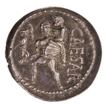 This Roman silver coin shows another image of Aeneas fleeing Troy with his father and son. This is another example of how Aeneas is god-like and a powerful figure.