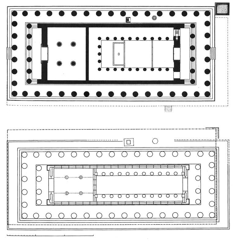 Fig. 1 Plans of the classical Parthenon and the older Parthenon drawn to the same scale. Courtesy M. Korres. planned in the Doric tradition.