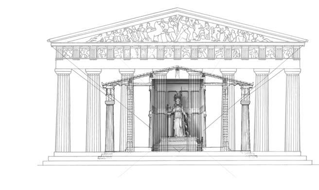 Fig. 2 An indicative construction for a scenographia drawing, photo-montaged by the author from various sources. It is a shameful attempt, Pheidias might have said, There are too many columns.
