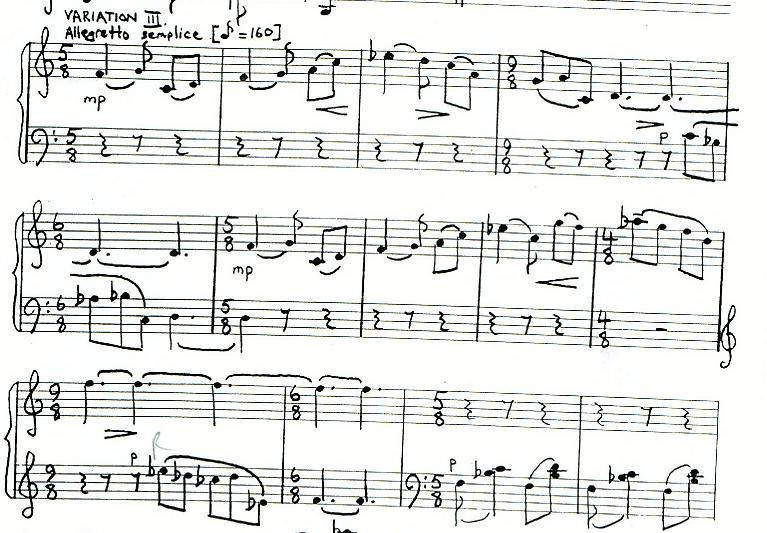 Ex 15: The opening of Variation 2 (Webb, 1990) The third variation is a cheeky, canonic 5/8 melody, and involves knocking on the lid of the piano for some timbrel effects.