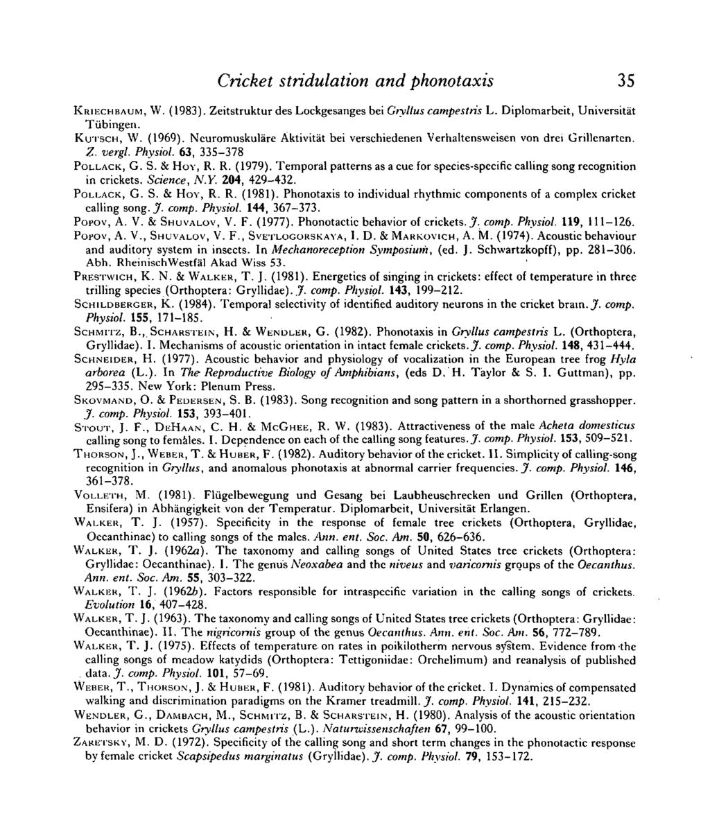 Cricket stridulation and phonotaxis 35 KRIECHBAUM, W. (1983). Zeitstruktur des Lockgesanges bei Gtyllus campestris L. Diplomarbeit, Universitat Tubingen. Kui'SCH, W. (1969).