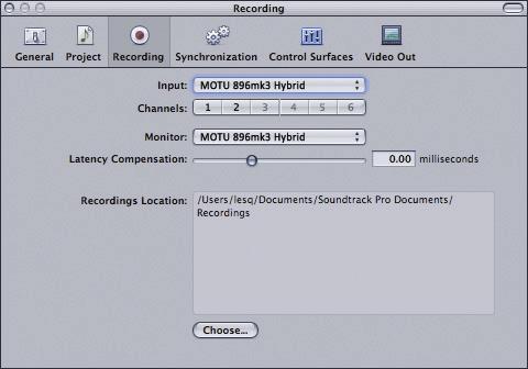 Soundtrack Pro In Soundtrack Pro, access the preferences window, click the Recording tab and choose MOTU 896mk3 Hybrid from the Input and Monitor menu