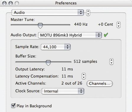 Reason and Record In Propellerhead Reason or Record, go to the Preferences window, choose Audio preferences from the menu and choose MOTU 896mk3 Hybrid from the Audio Output menu as shown below in