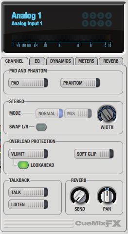 Tabs for the global meter bridge and reverb processor Signal flow Settings in the Channel tab occur just before the EQ, dynamics and reverb sends in the Input tab channel strip (Figure 9-3 on page