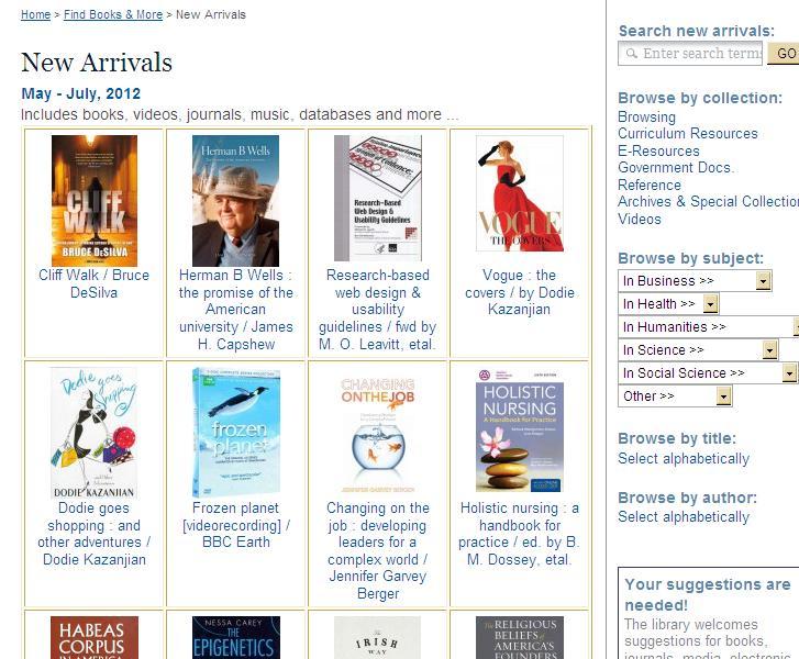 You can quickly view new materials in the library on our page: Collections include: Browsing (popular fiction and non-fiction leisure reading) Curriculum