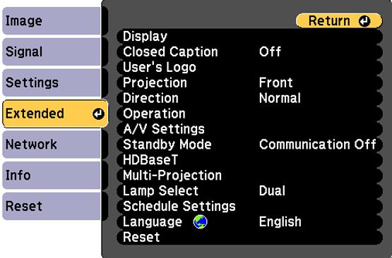 Projector Setup Settings - Extended Menu Settings on the Extended menu let you customize various projector setup features that control its operation.