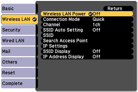 7. Select the Wireless LAN menu and press Enter. 8. Select the settings on the Wireless LAN menu as necessary for your network. 9.