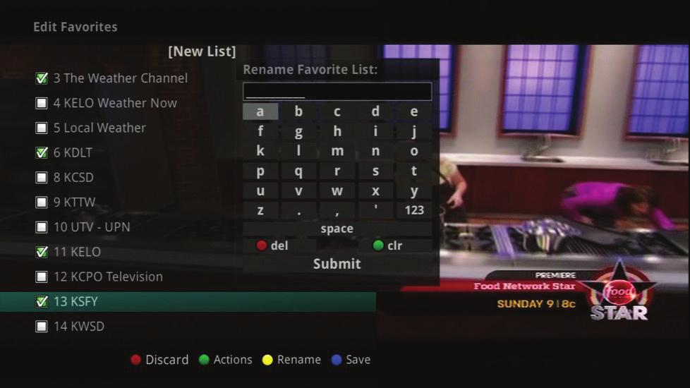 By default, your set top box has grouped channels into several pre-set Favorites lists including: All Channels, Subscribed Channels, Movie Channels, Sports Channels, Music Channels, Entertainment