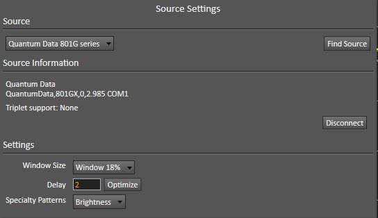 Figure 2. CalMAN Source Settings tab, for selecting generator setup options. Settings Window Size Select the desired test pattern size and type from the Window Size selection box.