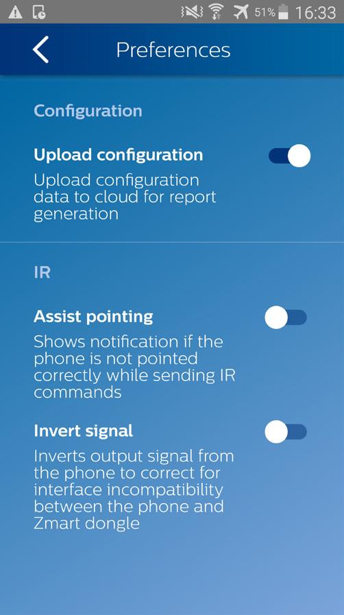Preferences Configuration Upload configuration (on/off) default on When enabled, it collects the configuration data of NFC or IR in the cloud after programming the sensor or driver.