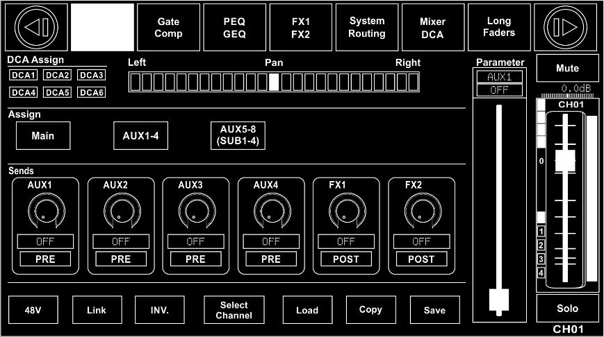 Aux 1-8 Mode If you switch from Sub1-4 mode to AUX 5-8 mode, you will gain access to more advanced functions. Touch the AUX5-8(SUB1-4) and FX1-2 to assign audio input to these channels or buses.
