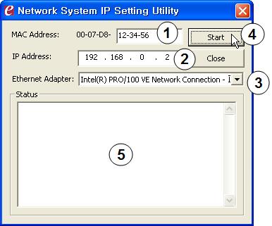 [Figure 8 IP Setting Utility] 1. MAC Address Enter MAC address of the product for IP input. 2. IP Address Enter IP address to use. 3.