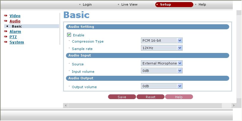 3.3.2 Audio Setting Basic Setting Users can use a microphone and speaker by using the audio function.