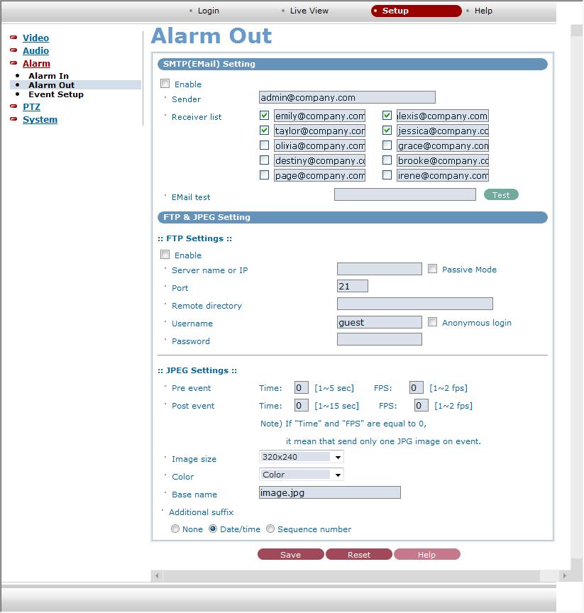 Alarm IN Port 1 Setting Type Select the operation mode of the Alarm Input 1. Select either N.O.(Normal Close) or N.C.(Normal Open) Alarm dwelling time [0~180] Designate a running time for alarm occurrence.