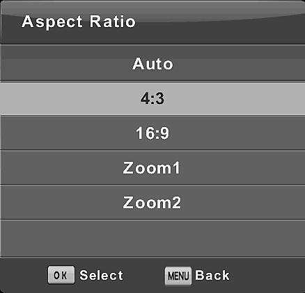 AL Aspect Ratio Shtypni / butonin për të zgjedhur Aspect Ratio, pastaj Shtypni OK butonin për të hyrë në nën-meny Shtypni / butonin për të zgjedhur përmasat (Opsionet në dispozicion janë: Auto, 4:3,