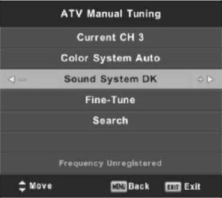 ENG ATV Manual Current CH (current channel) Set the channel number Color System Select the color system (Available System: AUTO,PAL,