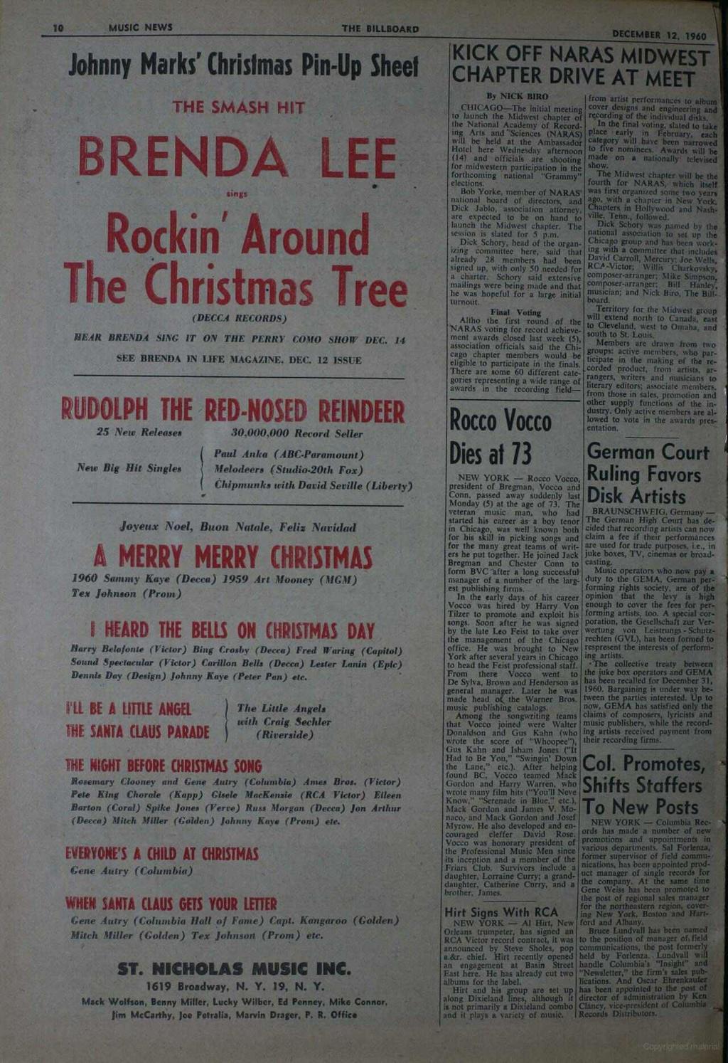 10 MUSIC NEWS THE BILLBOARD Johnny Marks' Christmas Pin -Up Shedf THE SMASH HIT BRENDA LEE Rockin' Around the Christmas Tree ( DECCA RECORDS) BEAR BRENDA SING IT ON THE PERRY COMO SHOW DEC.