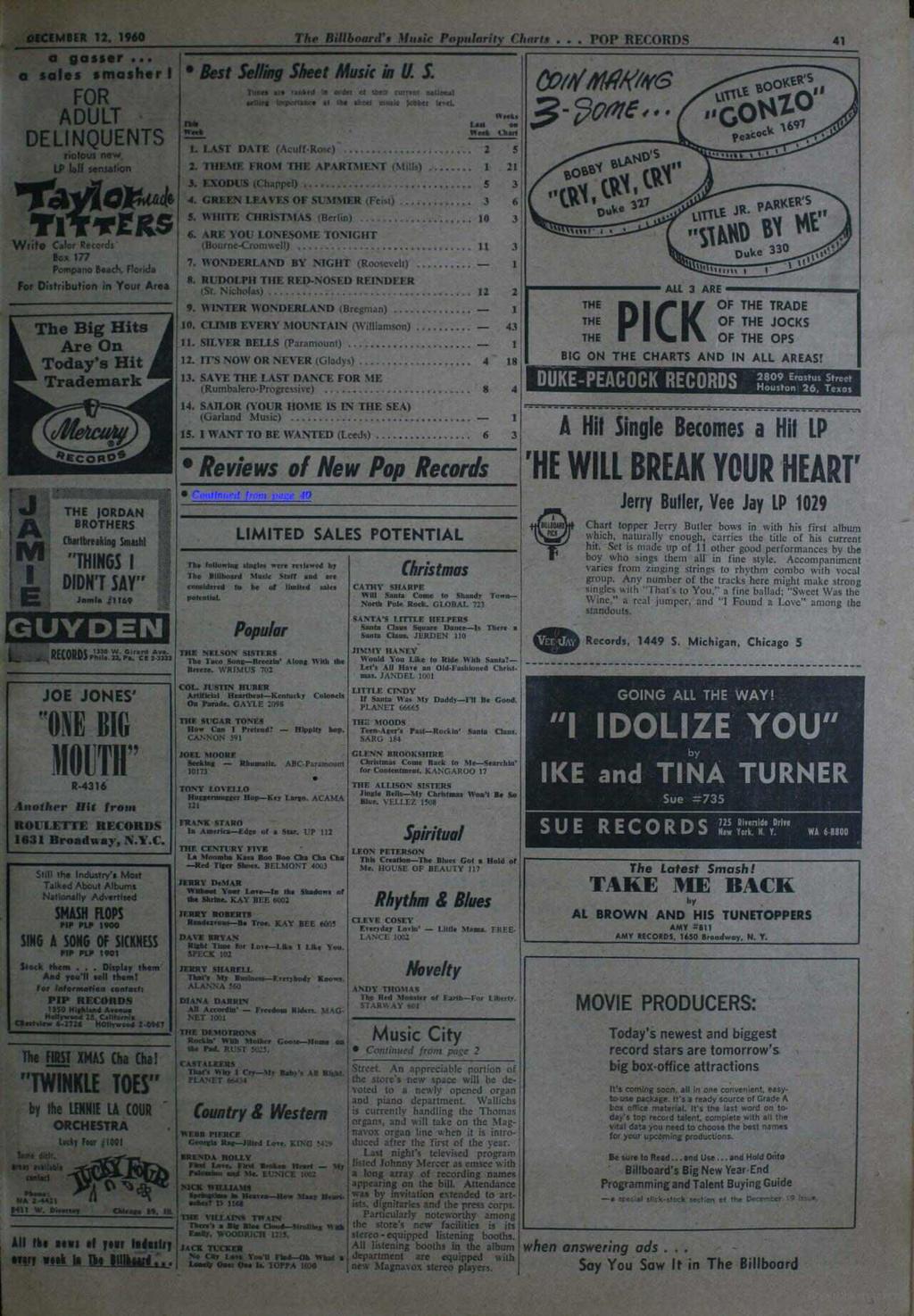 a DECEMBER 12, 1960 The Billboard's Meraie Popularity Charts... POP RECORDS 41 a gasser... sales smasher!