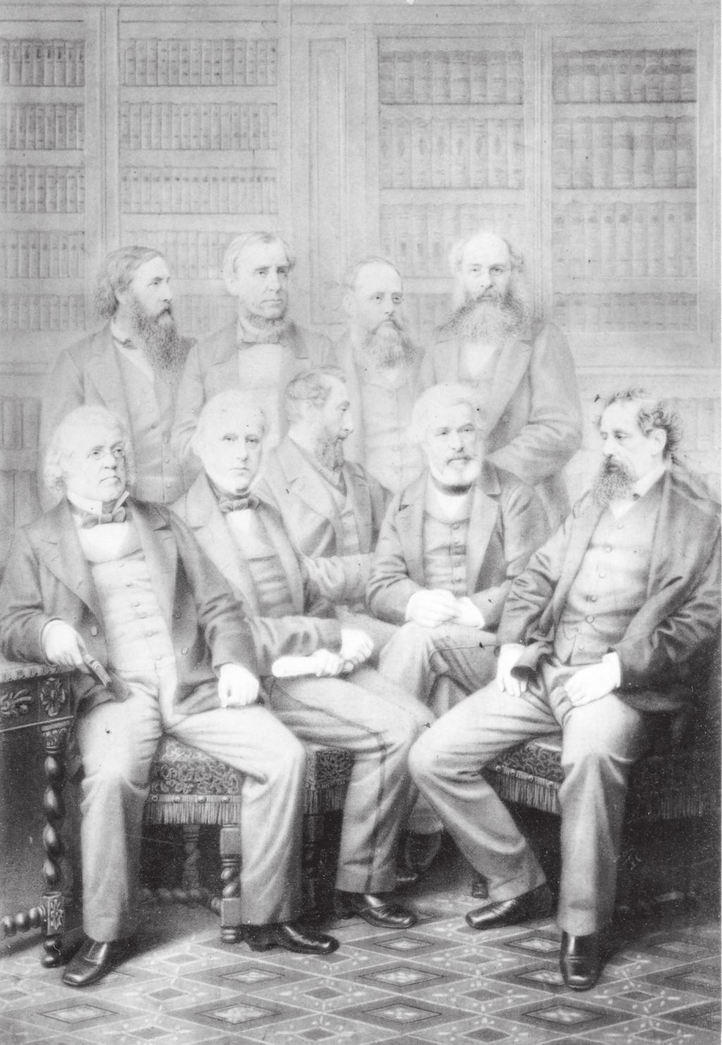 Some of the authors whose works Morris Parrish collected. Seated: William Makepeace Thackeray, Thomas Macauley, Edward Bulwer-Lytton, Thomas Carlyle, and Charles Dickens.