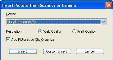 2. Select [Visual Presenter V2] and click [Custom Insert]. 3. Click [Get Picture]. It will capture the photo of live image. 8.19.