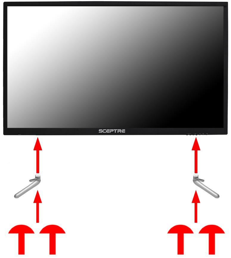 Attaching or Removing the Stand For U405CV-UMS 1. To install the feet of the TV, lay the TV flat on a table. Afterwards obtain the two display stands that are labeled L for left and R for right.