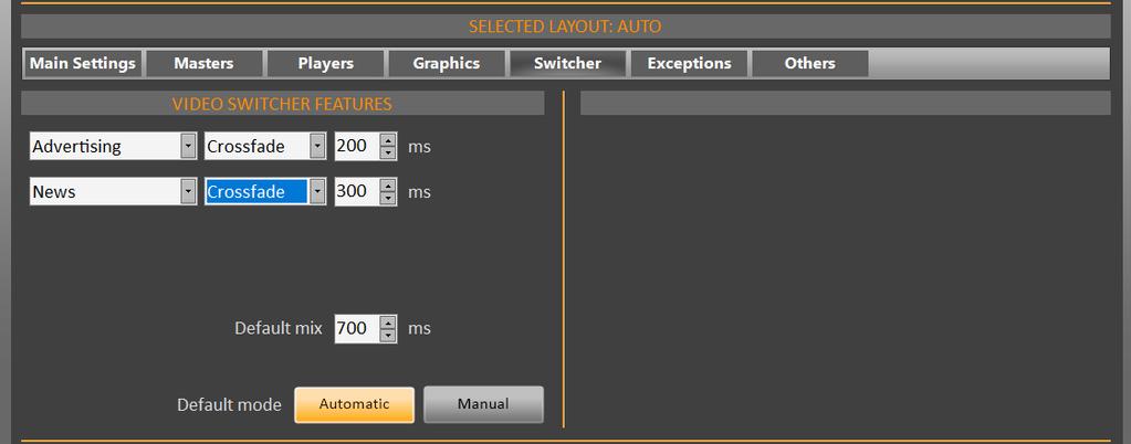 4.5 SWITCHER Layouts Editor Switcher In this panel you can indicate which crossfade values the switcher should use in the transitions between the clips FADEOUT TYPE: NoFadeoutOut: no fadeout