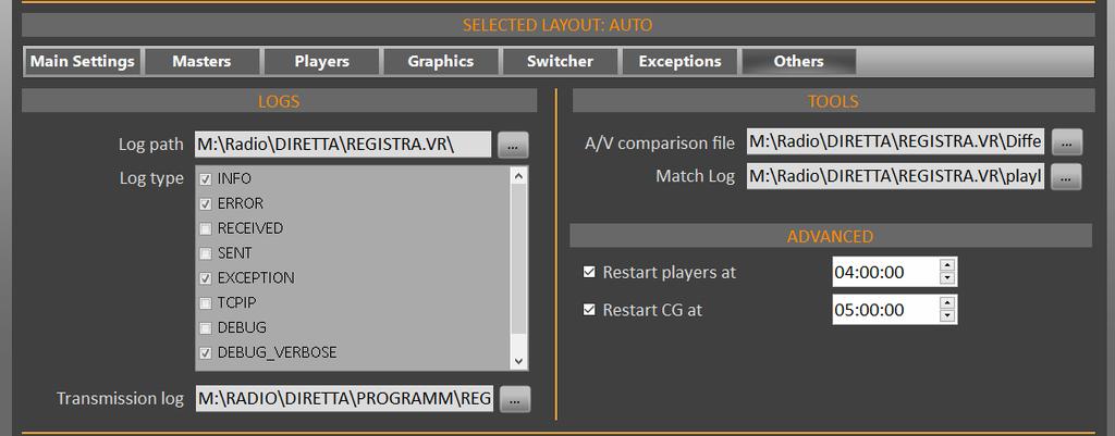 4.7 OTHERS Layouts Editor Others This panel is for use by the administrators of the VJPRO system. In the LOGS box it is possible to set the path for the operations and transmissions logs.