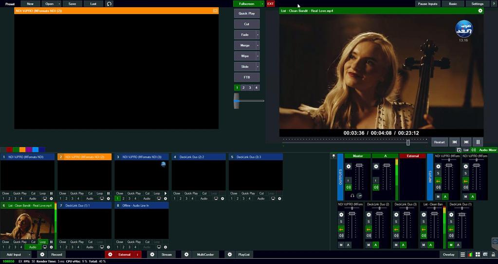 VMIX vmix is a software-based mixing console capable of managing both physical and virtual (NDI) devices, and allows you to live stream the video output.
