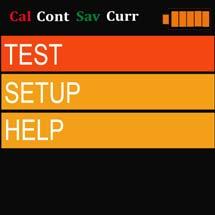 - E2: Main menu display. Text of the options of the main menu and status of the tester. Option selected by key up/down. The selected option is highlighted in bright orange color.