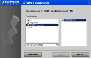 Date conversion to XML 5.3 Operation First the memory card with the files to be converted must be inserted with read access. Start the program "STB 01X Converter", to begin the conversion process.