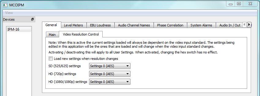 Video Resolution Control Page This allows a set of User Settings to be automatically loaded when the video input resolution changes.