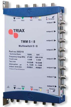 Cascadable Multi Switch with 4 x SAT and 1 x TER inputs/outputs Triax TMM Series TMM 5x4 P/N: 305314 TMM 5x8 P/N: 305318 TMM 5x12 P/N: 305312 TMM 5x12T P/N: 305317 TMM 5x16 P/N: 305316 Installation