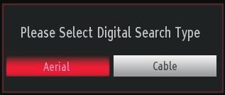 Available search types are digital only, analog TV only and full. When set, press Down button to highlight Teletext Language. Use "left" or "right" button to select desired Teletext Language.