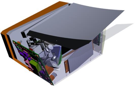 Fig. 10: An electro-optical-mechanical CAD view of the system. 6. PERFORMANCE The design goals were achieved in terms of performance and fit into the shoebox.
