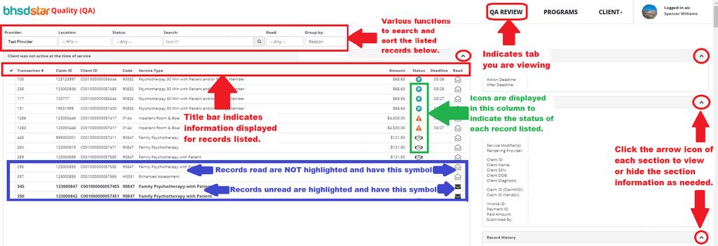 QA Review - Dashboard Records flagged for QA review are ordered inside groups with nearest auto-recoupment