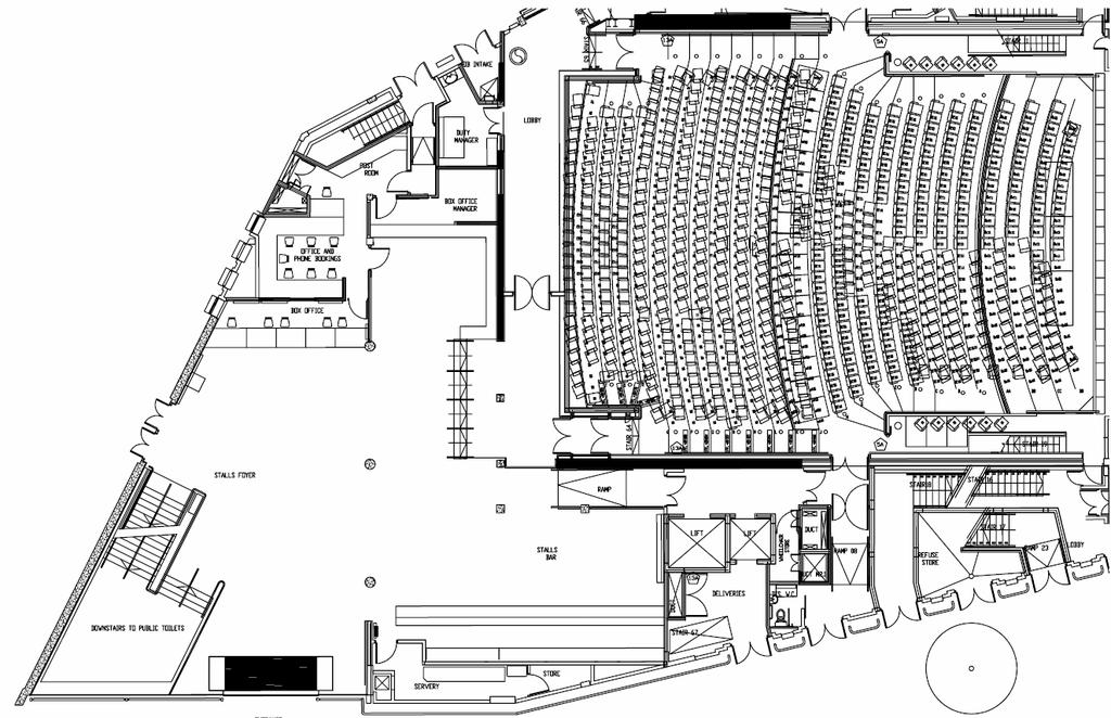 Floor plan Main Auditorium Seating Plan (Ground Foyer/Stalls) Dimensions - The performance area is variable up to 15m width x 15m length with a total floor area of 225m² - Height ranges from 9m to