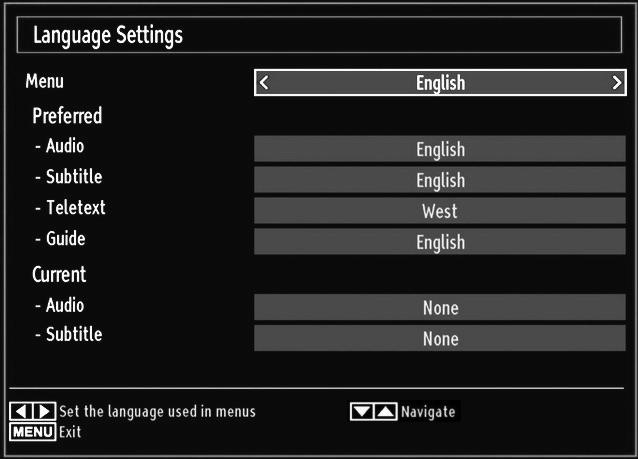 Language Selection Language Settings Using this menu you can adjust the preferred language settings. Press MENU button and select Settings by using Left or Right button.
