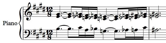 1 chord, rests uon a C major chord on beats 7 through 10, and returns to an E major variant at the beginning o m 108 Whereas the original melody o the arabesque sanned a tritone, this last version