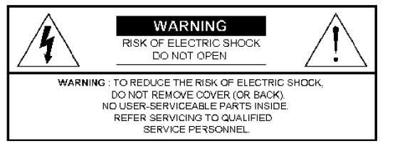RISK OF EL ECTRIC SHOCK. WARNING: TO REDUCE THE RISK OF ELECTRIC SHOCK, DO NOT REMOVE COVER (OR BACK).