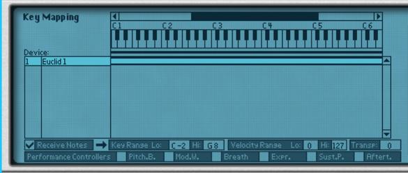 Controlling Euclid s Pitch via MIDI There are two ways to send MIDI notes to Euclid: Using a Combinator or a sequencer track.