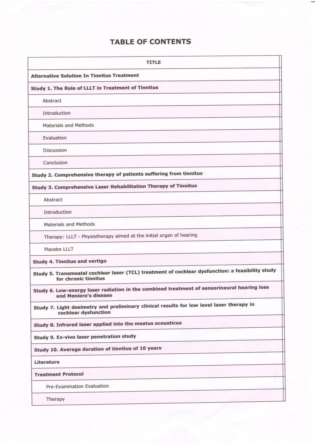 TABLE OF CONTENTS Alternative Solution In Tinnitus Treatment Study 1. The Role of LLLT in Treatment of Tinnitus study 2. comprehensive therapy of patients suffering from tinnitus study 3.