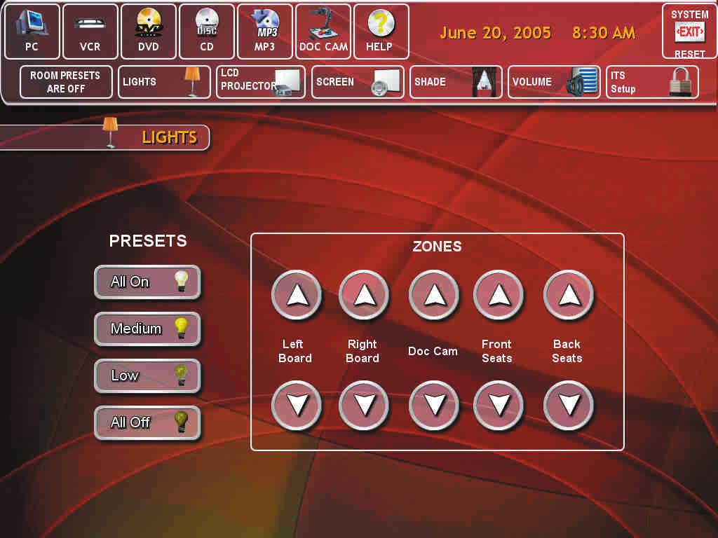 16 Lights Press here to use light controls. Light Presets Zone Controls This page controls the lights in the room.
