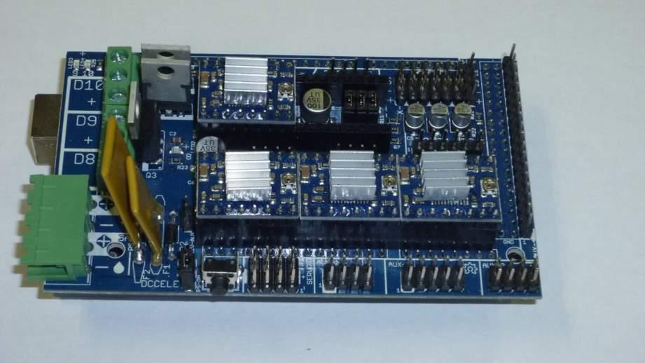 Install the Ice-blue stepper motor drivers onto the RAMPS 1.4 board. Pay careful attention to the direction of the stepper motor drivers as wrong installation will destroy your electronics!