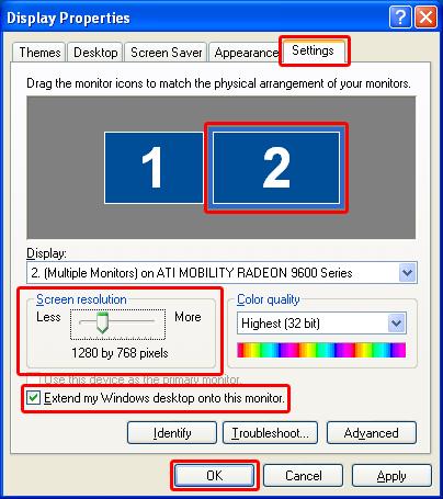 Enabling the Second Monitor in Windows Embedded, POSReady 1. Right-click on the desktop and then select Properties. 2. Select the Settings tab. 3.