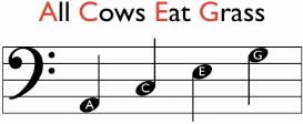 2 Reading Pitch from Notation For the spaces: All Cows Eat Grass Finally, pianist will often see music written on the Grand Staff which is simply the combination of the Treble and Bass Clef together.