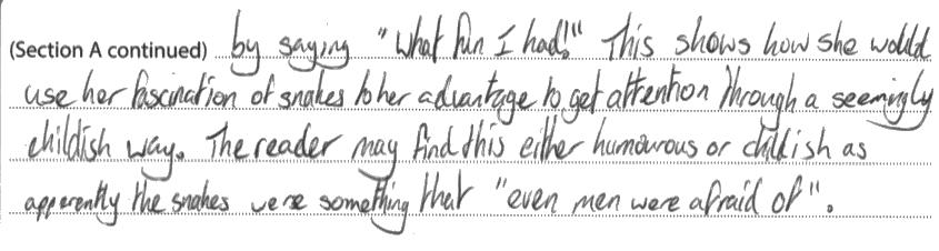 Examiner Comments A clear understanding and an awareness of the writer's motives are evident in this answer. There is some discussion of the language but the response overall lacks development.