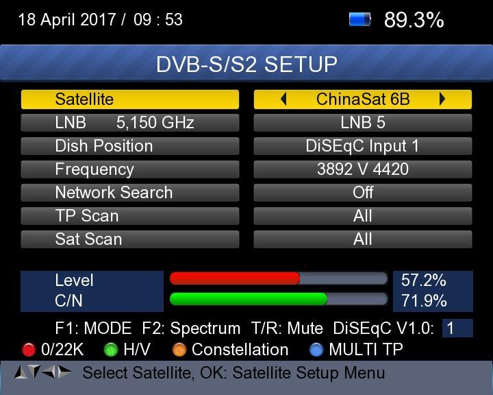 1. DVB-S/S2 SETUP Press OK on DVB-S/S2 setup, then the following menu appears. 1) Satellite: Press <OK> button to display the satellite list.
