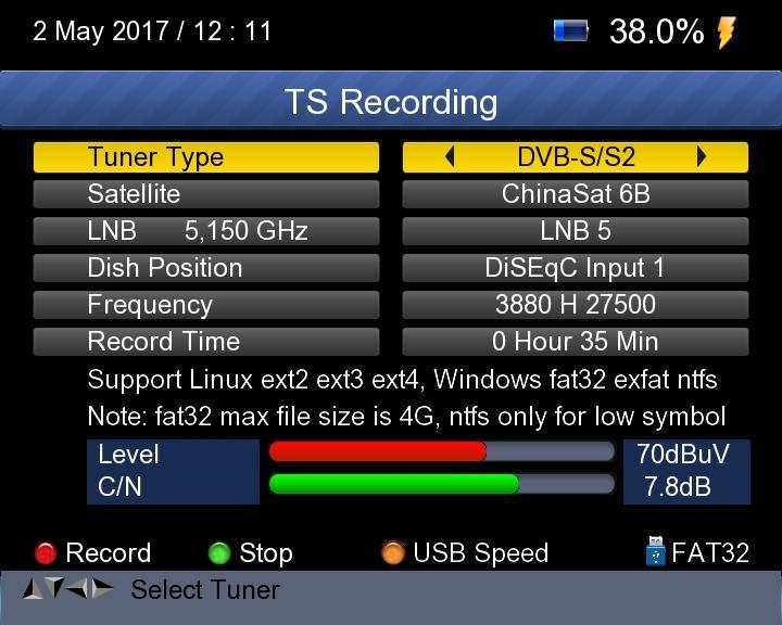 8.5 TS RECORD Connect the USB disk to the device, select the TS RECORD menu. Press 0/22k red button start to record the program in TS format.