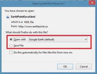 6 The web page will perform the file conversion and then will ask if you want to save the resulting file or just open it using Google Earth software.