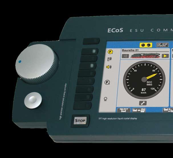 The new ECoS Featres ECoS leaves the factory with extensive featres: Two cabs with motorized throttle knobs and nine fnction keys each, pls a two-axis, center-click joystick each.